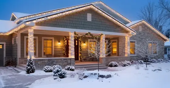Craftsman home with warm white holiday lights outlining the rooflines, porch columns, and snow-covered shrubs at dusk in a Twin Cities neighborhood